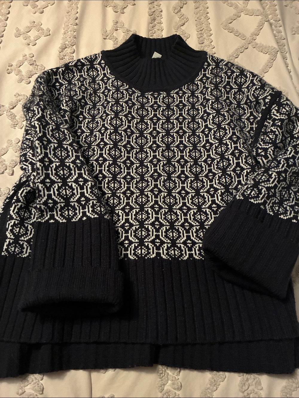Navy & White Patterned Turtleneck Sweater